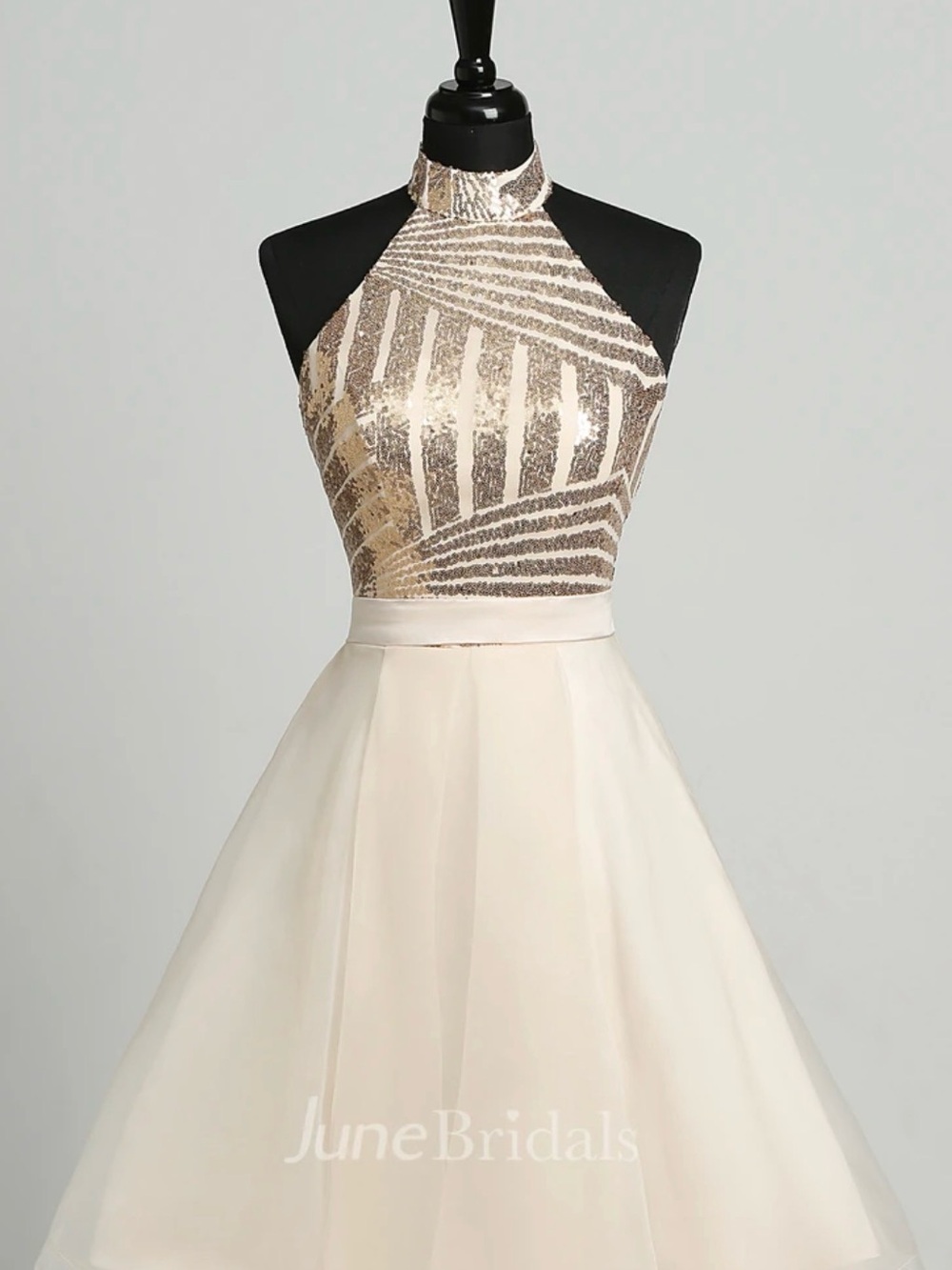 High-Neck Sequin Bodice A-Line Wedding Dress in Champagne and Cream